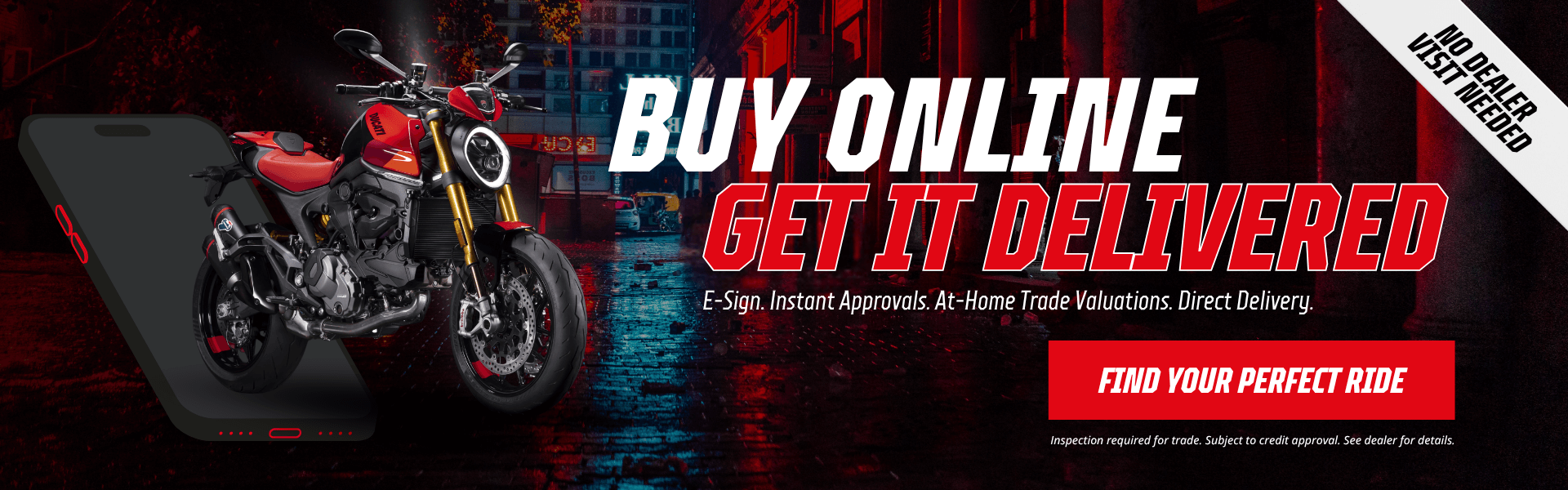Red Ducati Monster motorcycle emerging from a smartphone with text “Buy Online, Get It Delivered”