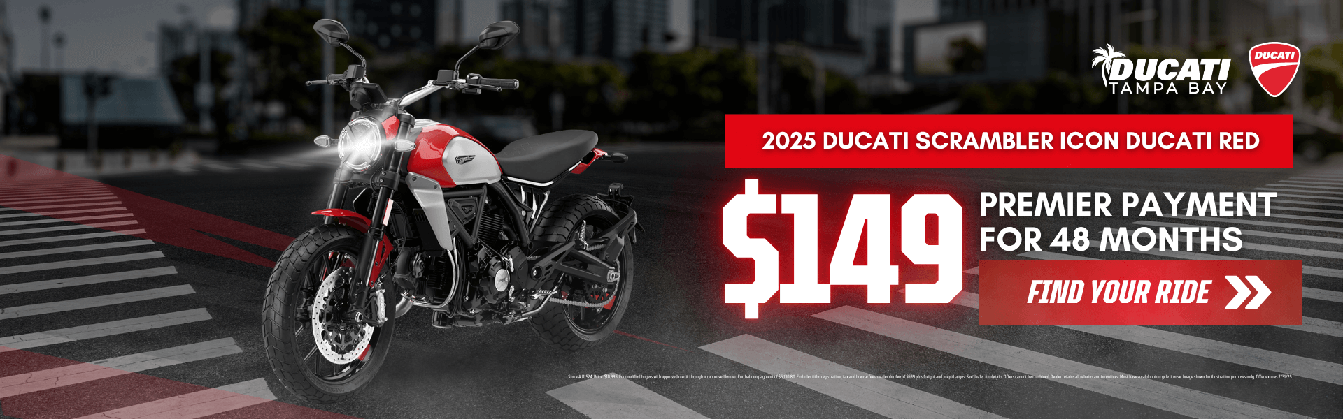 2025 Ducati Scrambler Icon in Ducati Red parked at city crosswalk