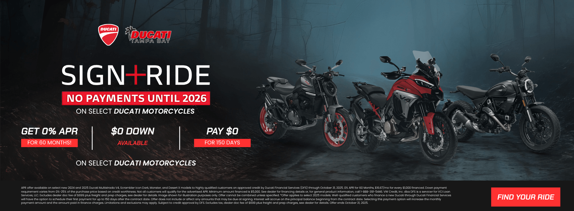 Ducati Sign and Ride event with 0% APR and no payments until 2026 at Ducati Tampa Bay