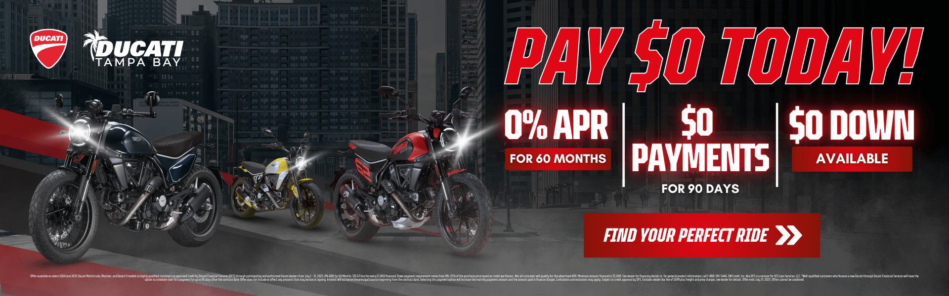 Ducati Scrambler motorcycles lineup in urban setting with 0% APR and $0 down promo