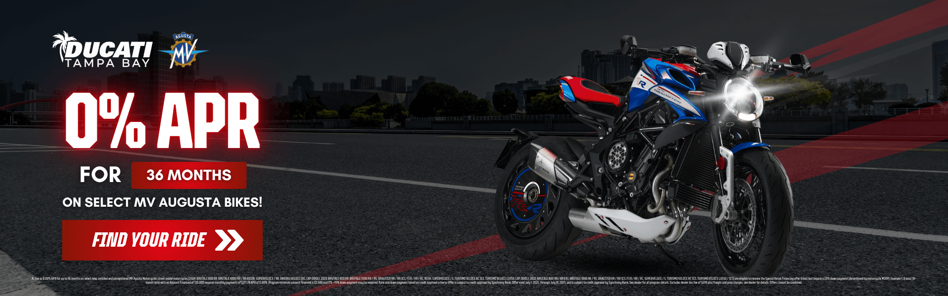 MV Agusta Dragster RR motorcycle with red, white, and blue design and 0% APR